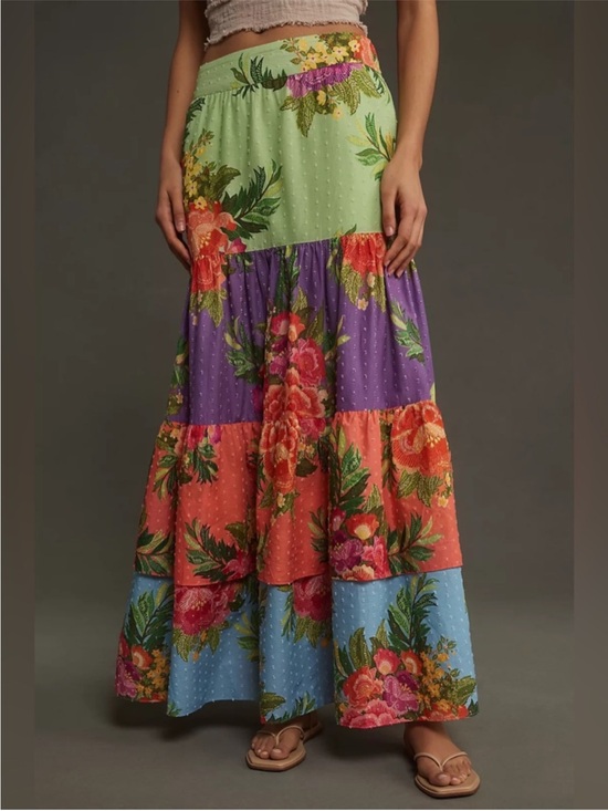 FARM Rio Dresses & Skirts - FarmRio for Anthropology Tiered Floral Maxi Skirt in Lime, Purple, Coral & Blue